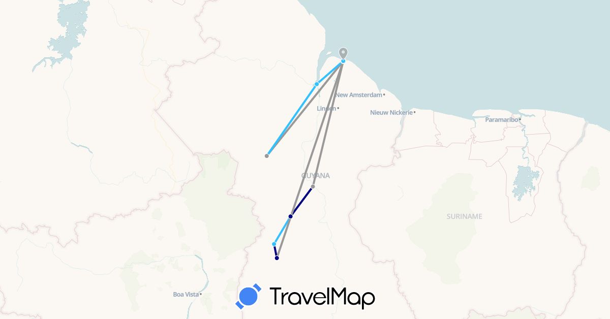 TravelMap itinerary: driving, plane, boat in Guyana (South America)